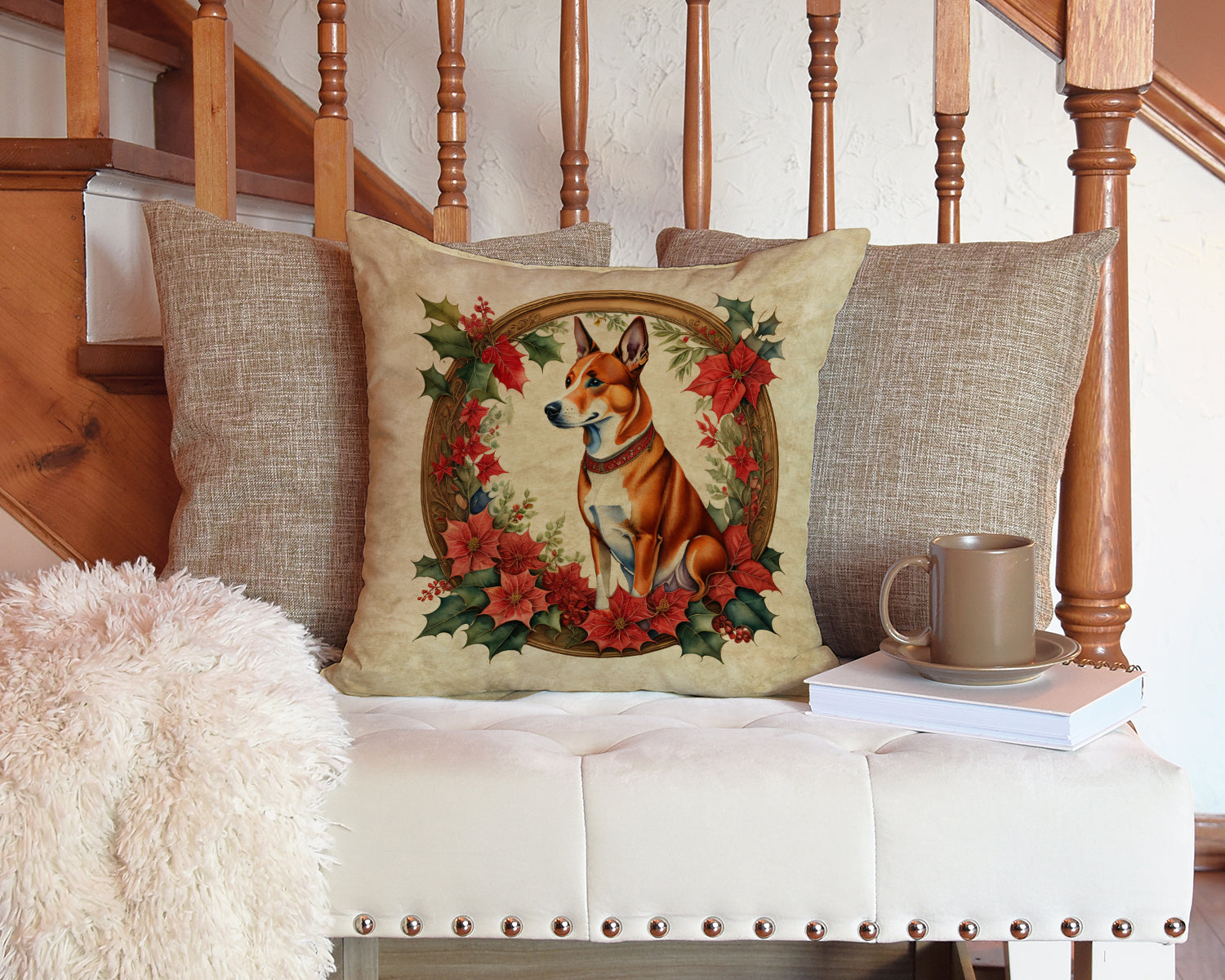 Basenji Christmas Flowers Decorative Throw Pillow 14x14 Indoor Outdoor Accent Cushion, Fabric Cover with Insert for Sofa, Bed, Porch & Living Room