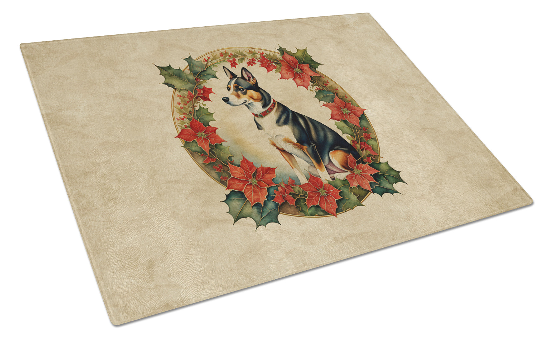 Basenji Christmas Flowers Cutting Board Tempered Glass Kitchen Cutting Surface, Heat Resistant Chopping, Non-Slip Feet, Food Prep & Serving