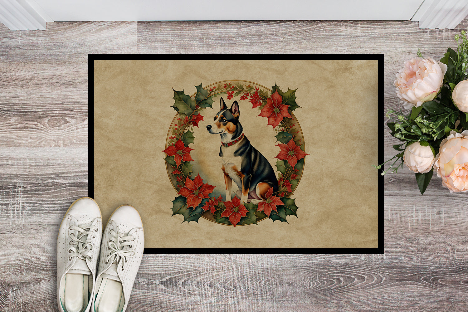 Basenji Christmas Flowers Doormat Indoor Outdoor 18H X 27W Front Door Mat Rugs for Entryway, Non Slip Washable