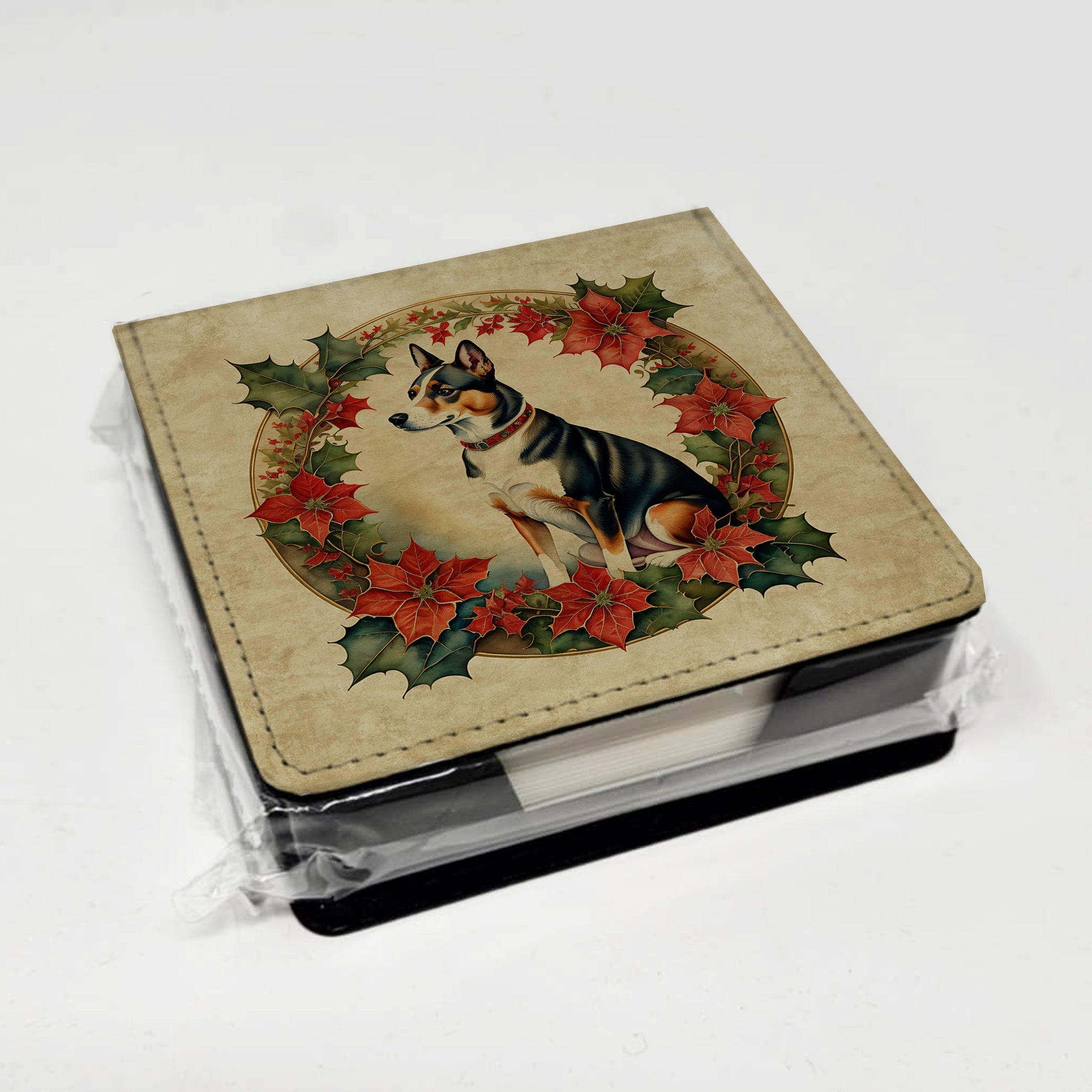 Basenji Christmas Flowers PU Leather Note Paper Holder with Artist-Designed Cover, Desk Accessory, Office Gift
