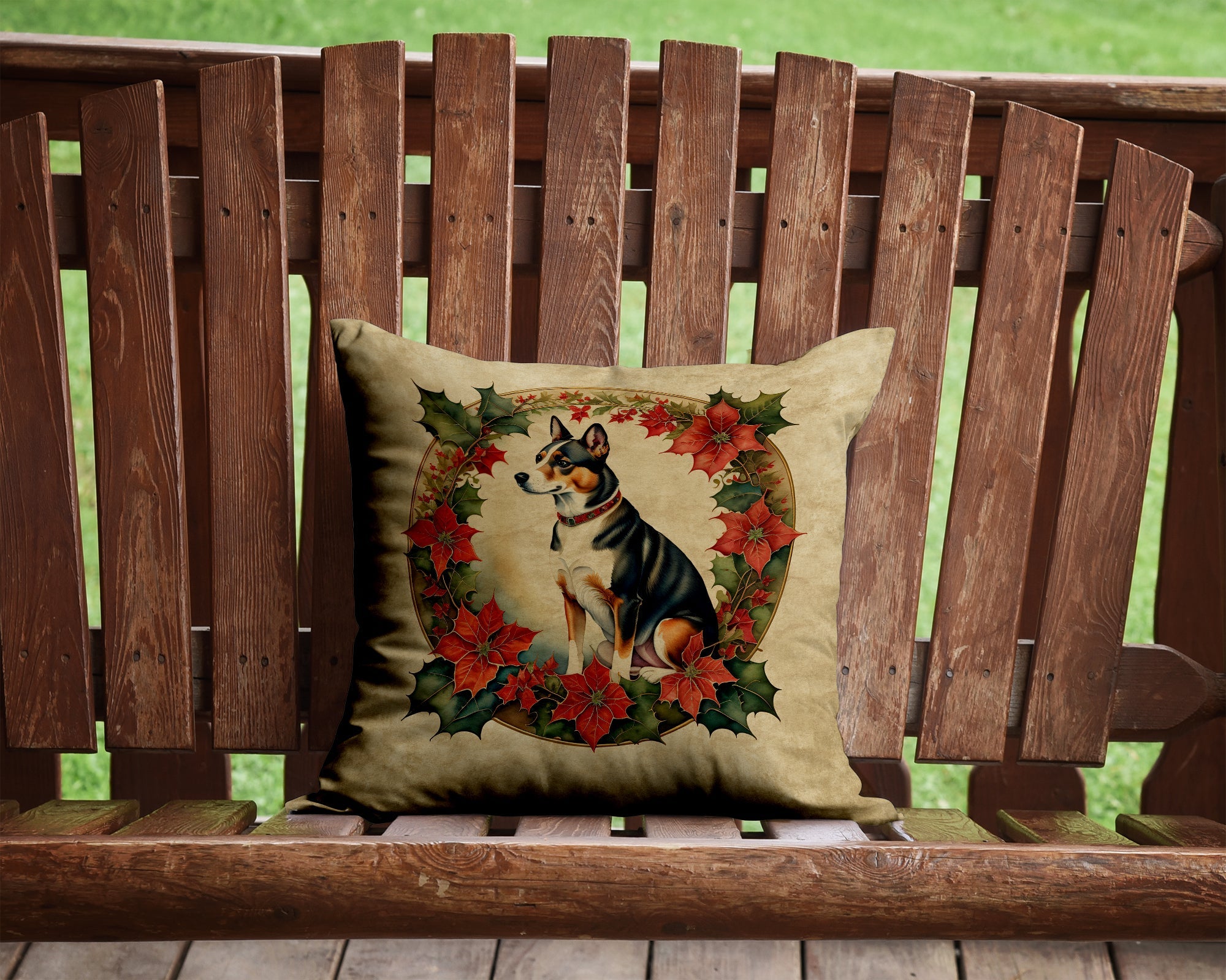Basenji Christmas Flowers Decorative Throw Pillow 14x14 Indoor Outdoor Accent Cushion, Fabric Cover with Insert for Sofa, Bed, Porch & Living Room