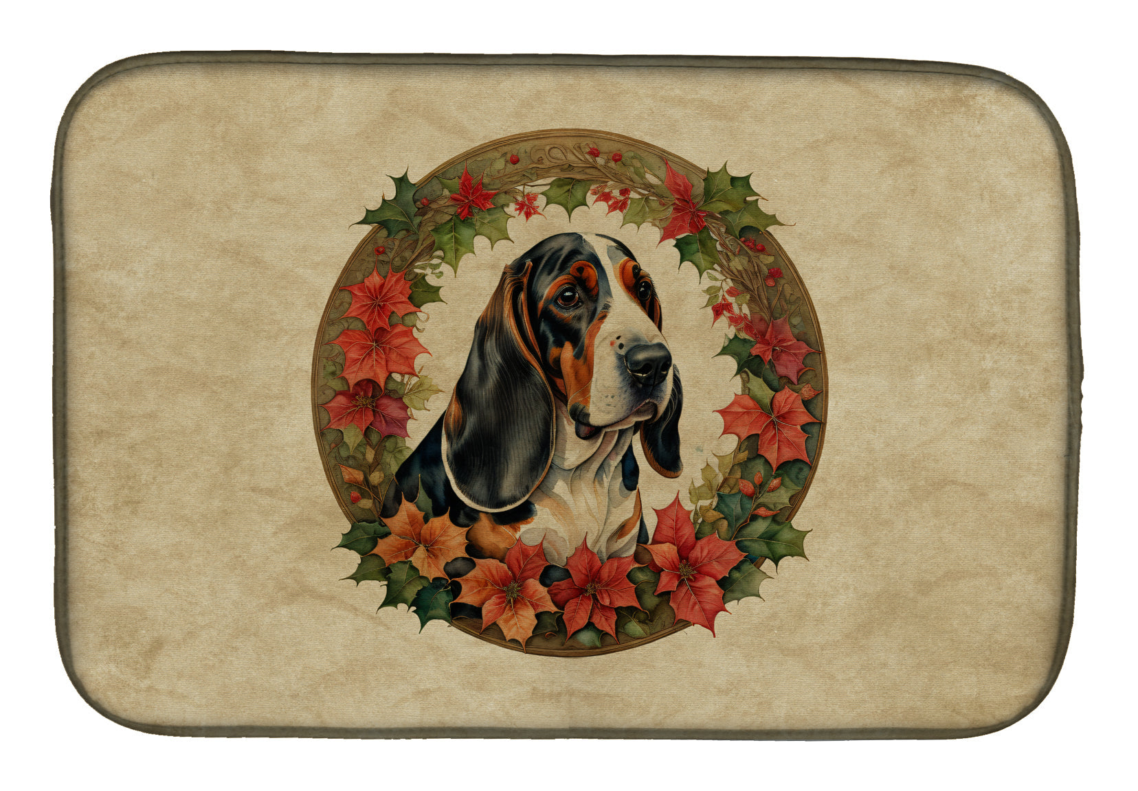 Basset Hound Christmas Flowers Dish Drying Mat Absorbent Dish Drying Mat Pad for Kitchen Counter Dish Drainer Mat for Countertop, 14 x 21", Multicolor