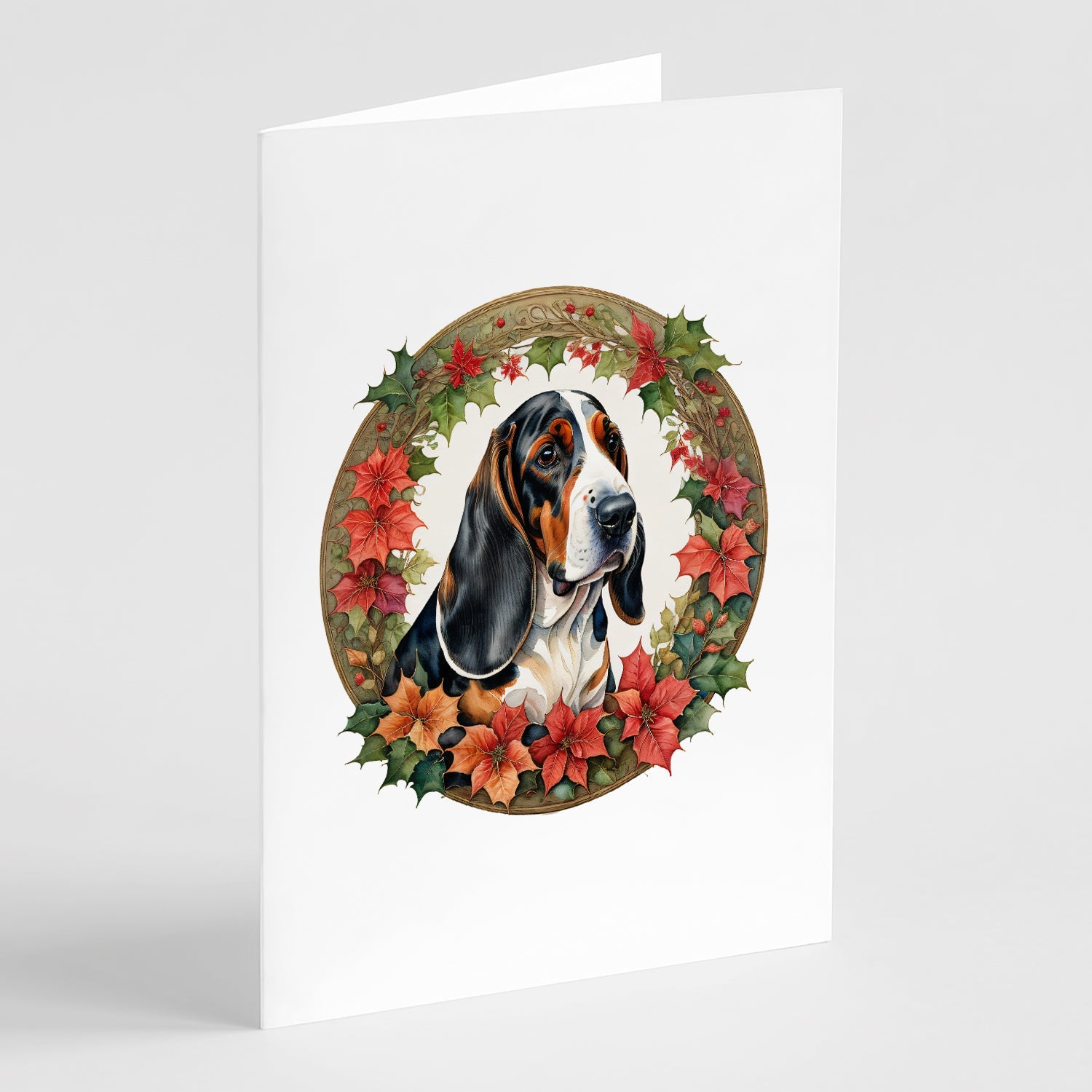 Basset Hound Christmas Flowers Greeting Cards Pack of 8 Blank Cards with Envelopes Whimsical A7 Size 5x7