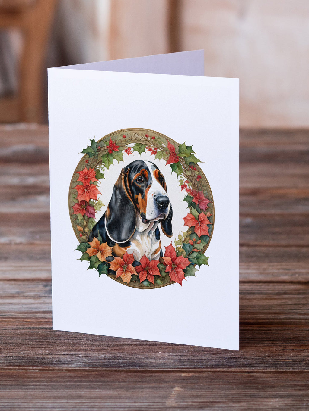 Basset Hound Christmas Flowers Greeting Cards Pack of 8 Blank Cards with Envelopes Whimsical A7 Size 5x7