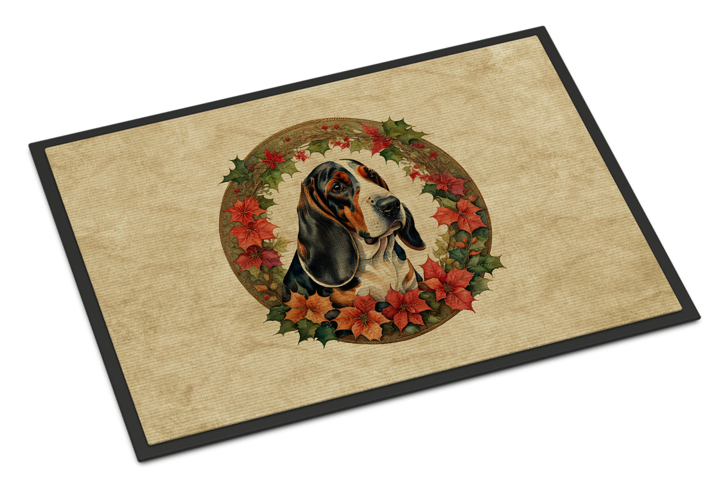 Basset Hound Christmas Flowers Doormat Indoor Outdoor 24H X 36W Front Door Mat Rugs for Entryway, Non Slip Washable Low Pile,