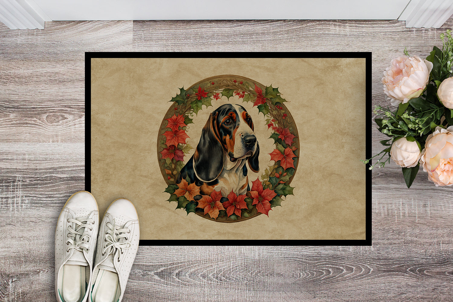 Basset Hound Christmas Flowers Doormat Indoor Outdoor 24H X 36W Front Door Mat Rugs for Entryway, Non Slip Washable Low Pile,