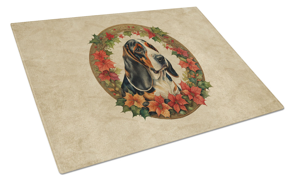 Basset Hound Christmas Flowers Cutting Board Tempered Glass Kitchen Cutting Surface, Heat Resistant Chopping, Non-Slip Feet, Food Prep & Serving