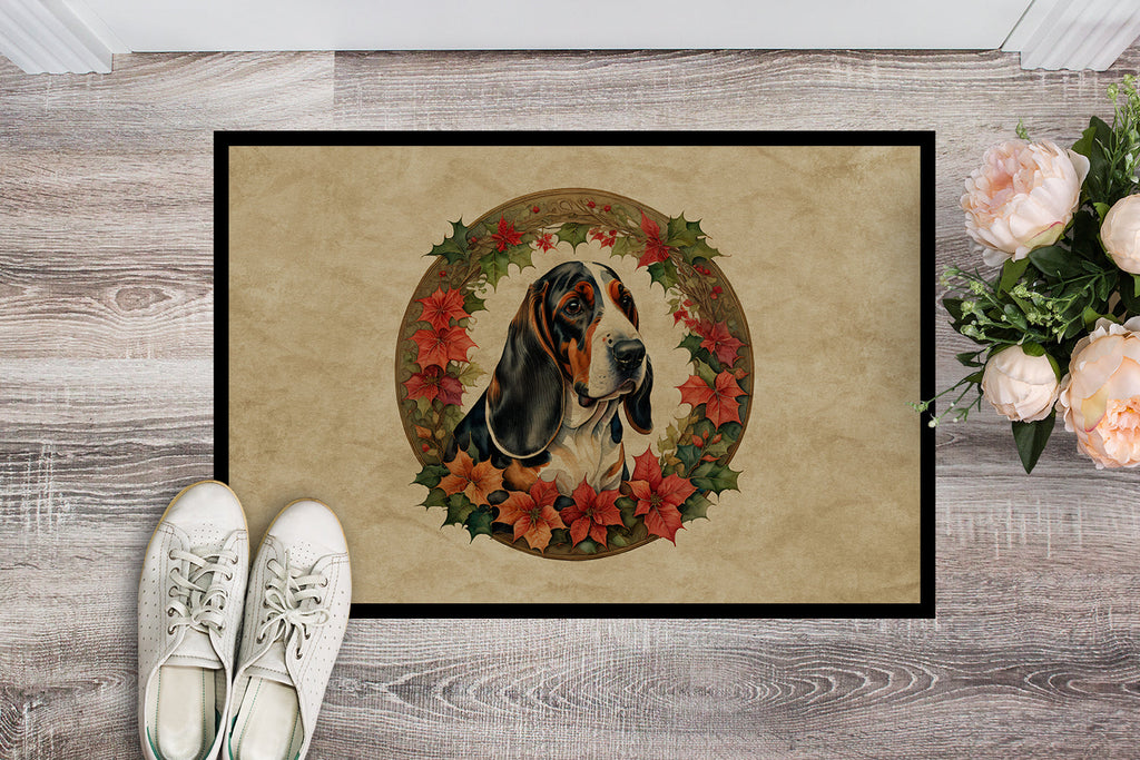 Basset Hound Christmas Flowers Doormat Indoor Outdoor 18H X 27W Front Door Mat Rugs for Entryway, Non Slip Washable