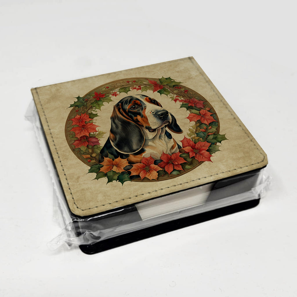 Basset Hound Christmas Flowers PU Leather Note Paper Holder with Artist-Designed Cover, Desk Accessory, Office Gift