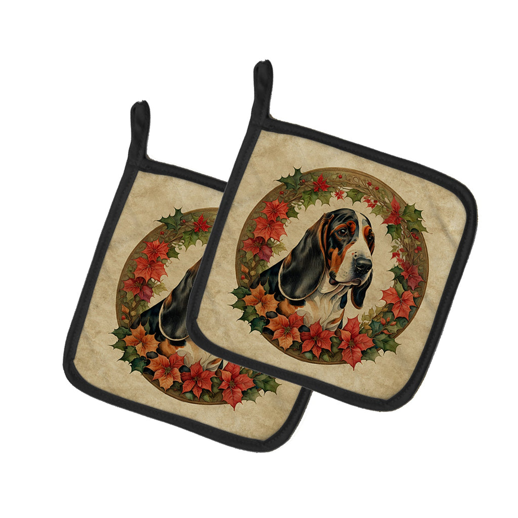 Basset Hound Christmas Flowers Pot Holder Set of 2 Heat Resistant Quilted Hot Pads 7.5 x 7.5 Inch, Insulated Kitchen Trivets for Cooking & Baking