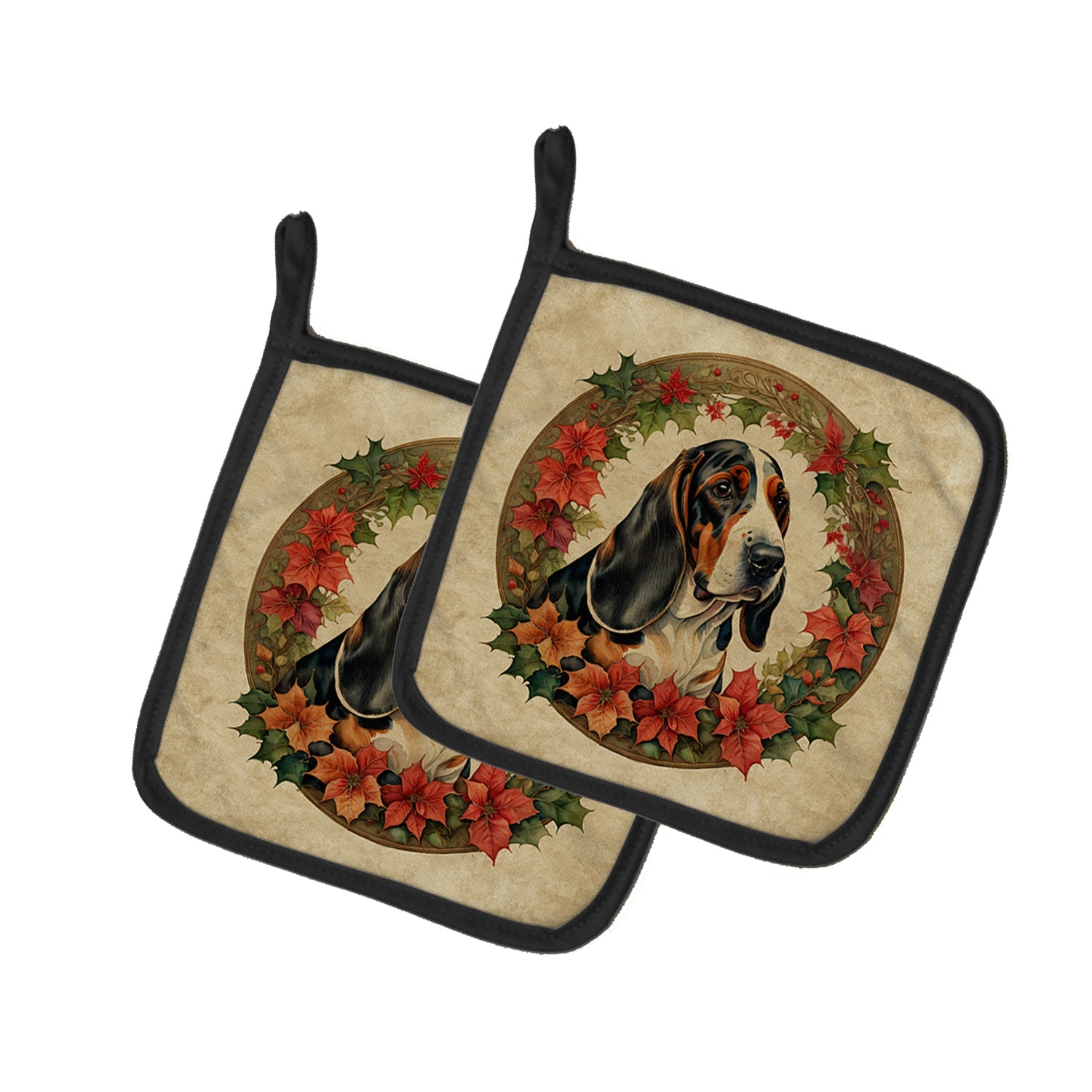 Basset Hound Christmas Flowers Pot Holder Set of 2 Heat Resistant Quilted Hot Pads 7.5 x 7.5 Inch, Insulated Kitchen Trivets for Cooking & Baking