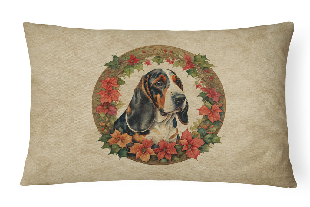 Basset Hound Christmas Flowers Decorative Throw Pillow 12x16 Indoor Outdoor Accent Cushion, Fabric Cover with Insert for Sofa, Bed, Porch & Living Room