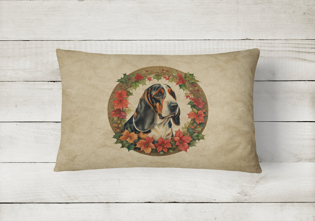 Basset Hound Christmas Flowers Decorative Throw Pillow 12x16 Indoor Outdoor Accent Cushion, Fabric Cover with Insert for Sofa, Bed, Porch & Living Room