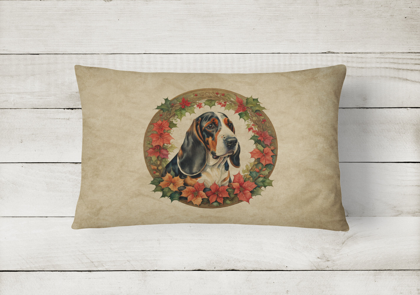 Basset Hound Christmas Flowers Decorative Throw Pillow 12x16 Indoor Outdoor Accent Cushion, Fabric Cover with Insert for Sofa, Bed, Porch & Living Room
