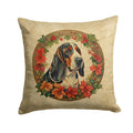 Basset Hound Christmas Flowers Decorative Throw Pillow 14x14 Indoor Outdoor Accent Cushion, Fabric Cover with Insert for Sofa, Bed, Porch & Living Room
