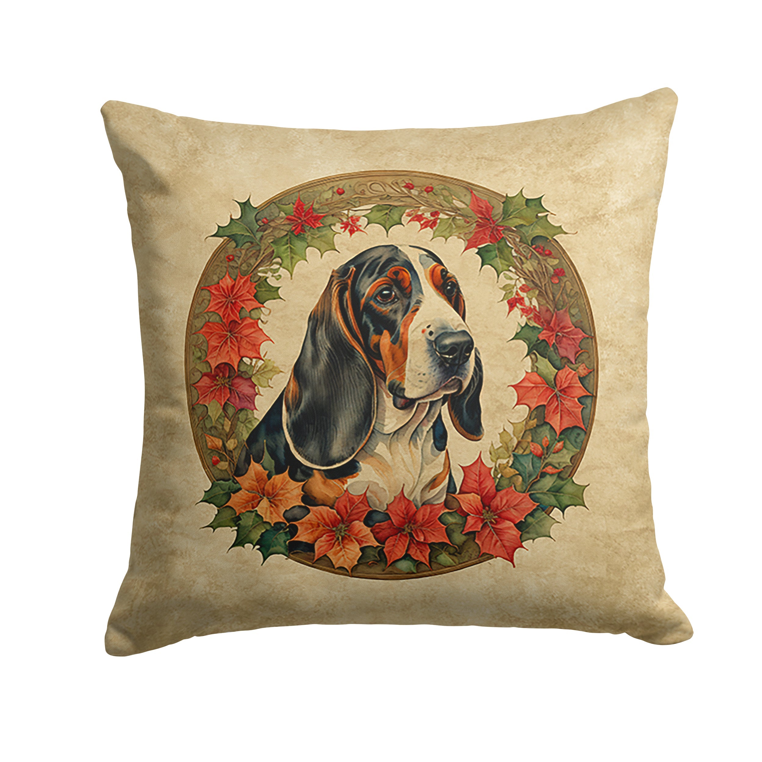 Basset Hound Christmas Flowers Decorative Throw Pillow 14x14 Indoor Outdoor Accent Cushion, Fabric Cover with Insert for Sofa, Bed, Porch & Living Room