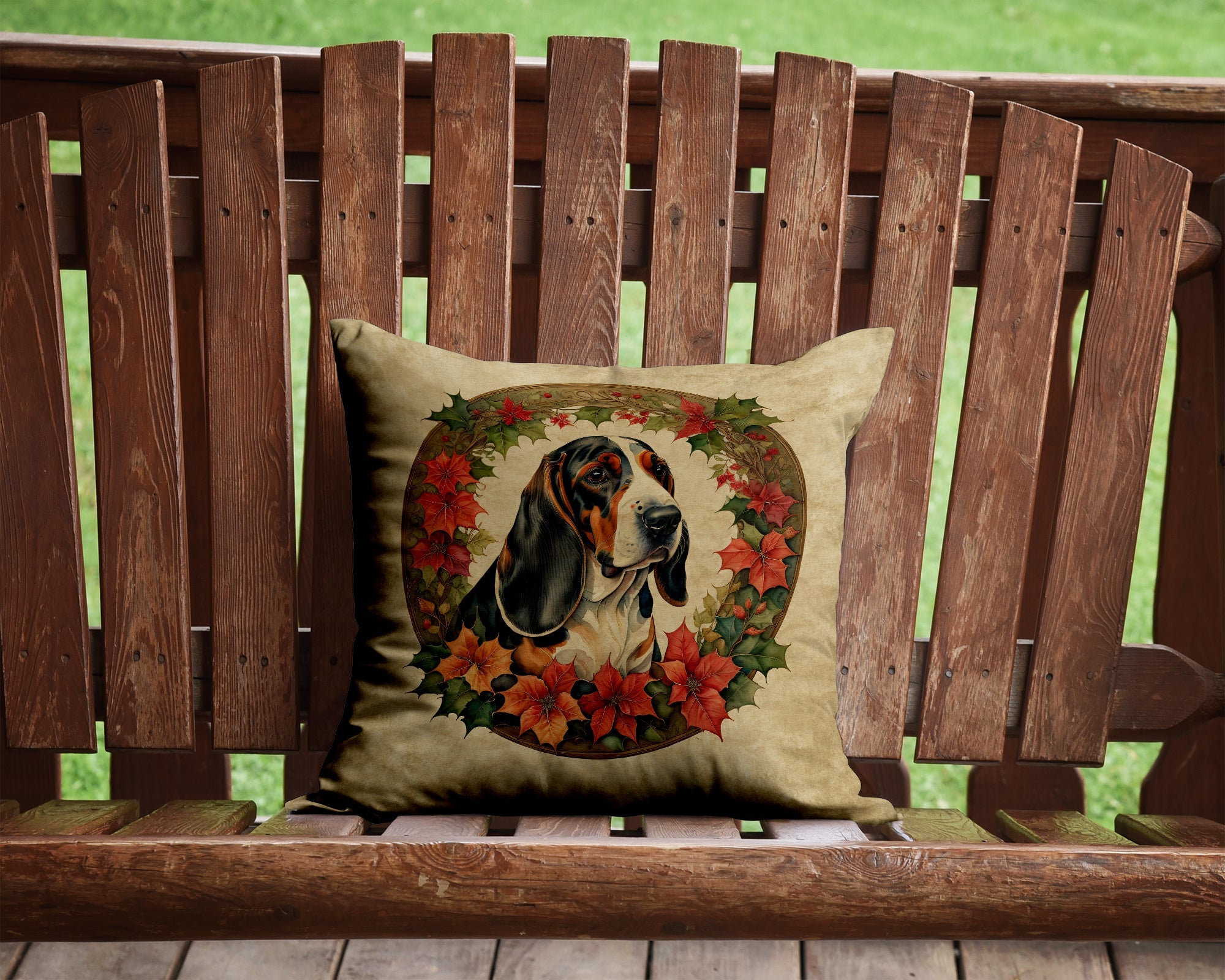 Basset Hound Christmas Flowers Decorative Throw Pillow 14x14 Indoor Outdoor Accent Cushion, Fabric Cover with Insert for Sofa, Bed, Porch & Living Room