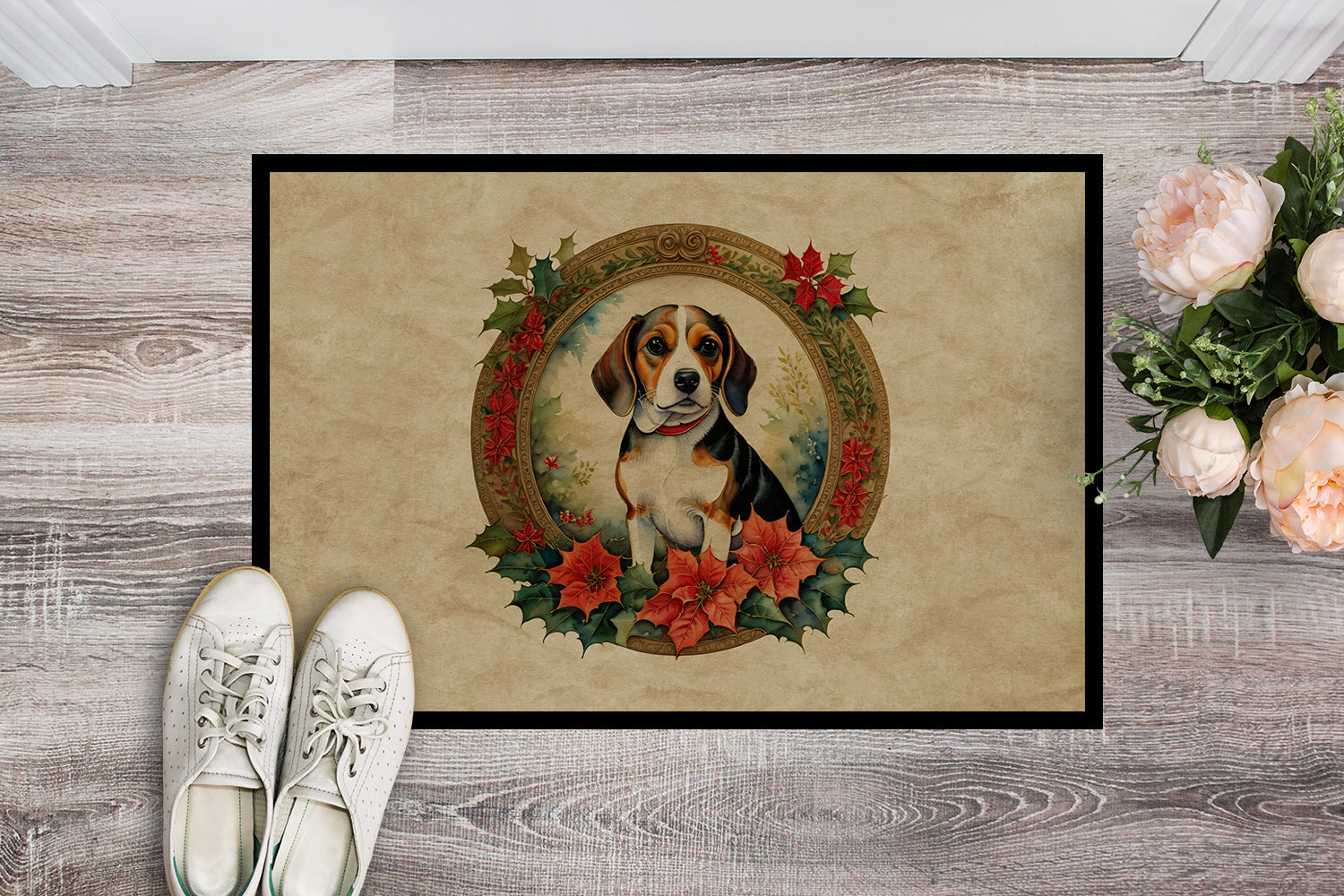 Beagle Christmas Flowers Doormat Indoor Outdoor 24H X 36W Front Door Mat Rugs for Entryway, Non Slip Washable Low Pile,