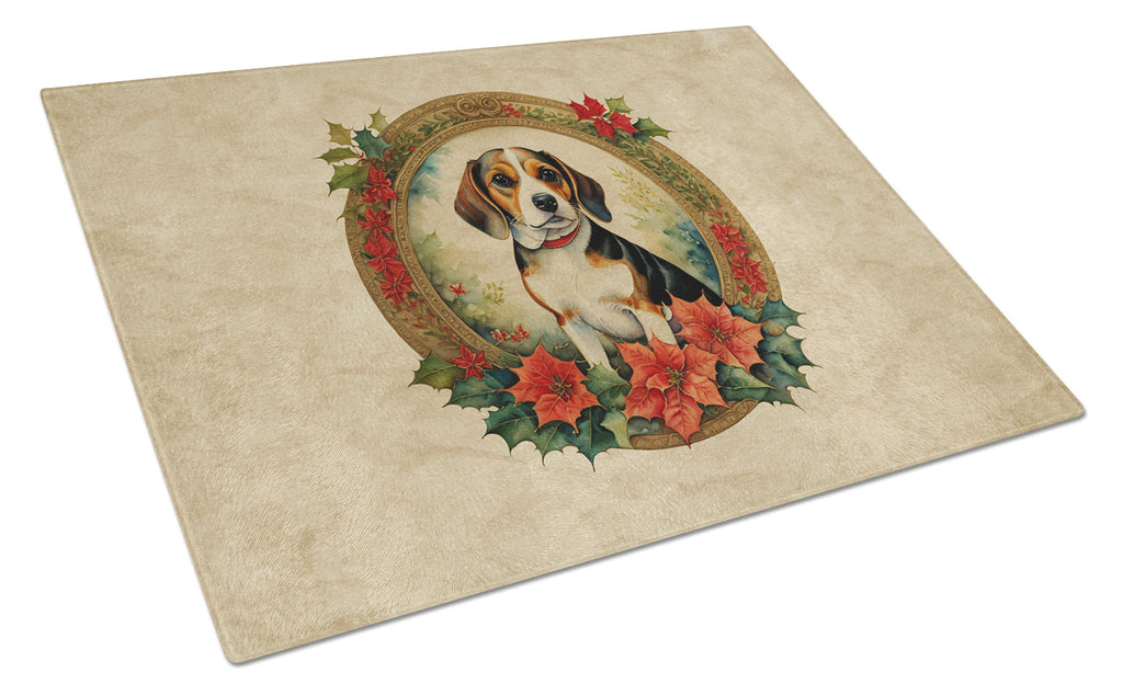 Beagle Christmas Flowers Cutting Board Tempered Glass Kitchen Cutting Surface, Heat Resistant Chopping, Non-Slip Feet, Food Prep & Serving