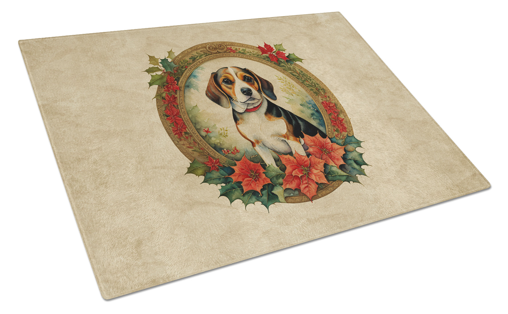 Beagle Christmas Flowers Cutting Board Tempered Glass Kitchen Cutting Surface, Heat Resistant Chopping, Non-Slip Feet, Food Prep & Serving