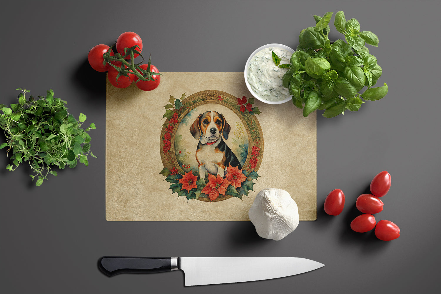 Beagle Christmas Flowers Cutting Board Tempered Glass Kitchen Cutting Surface, Heat Resistant Chopping, Non-Slip Feet, Food Prep & Serving