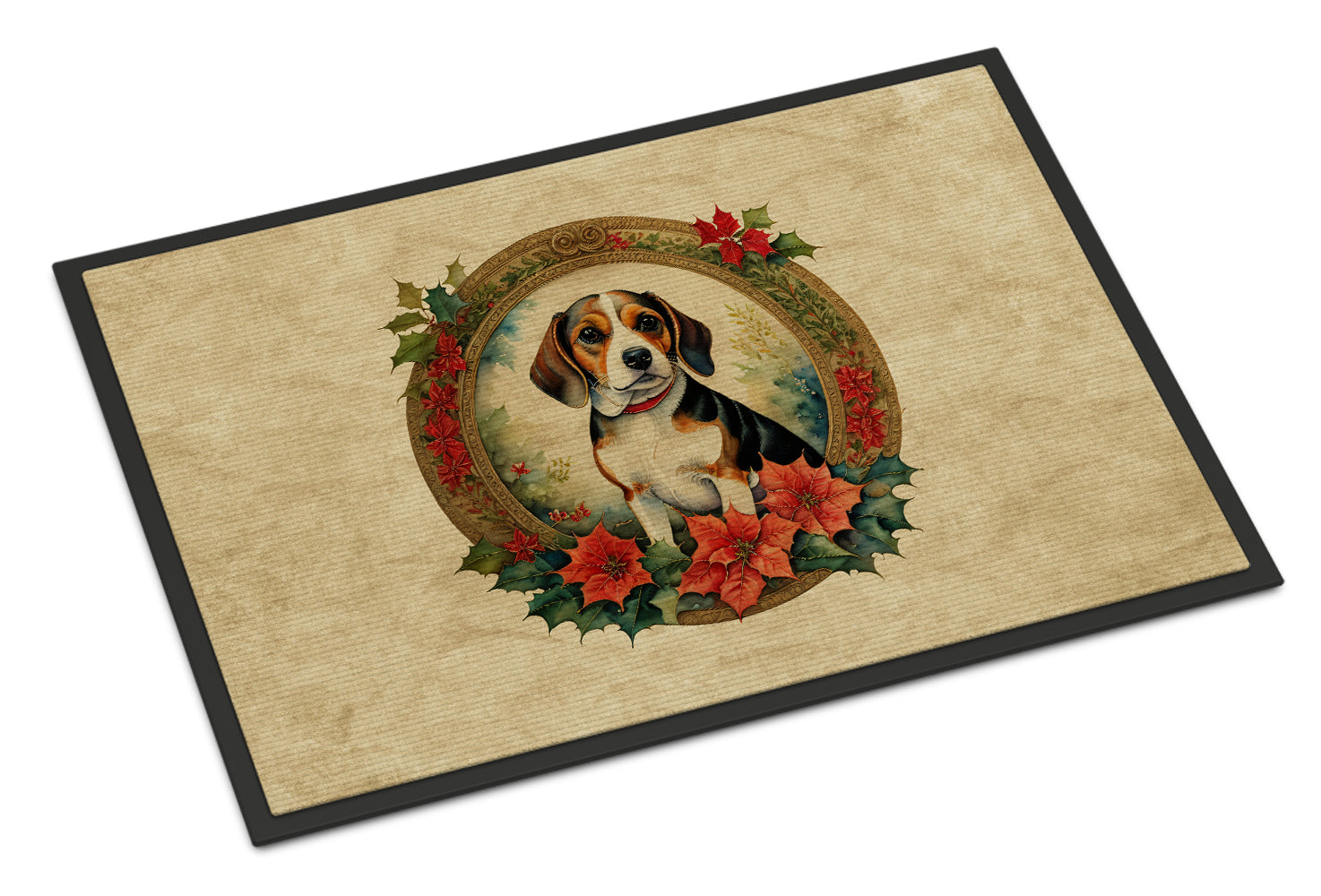 Beagle Christmas Flowers Doormat Indoor Outdoor 18H X 27W Front Door Mat Rugs for Entryway, Non Slip Washable