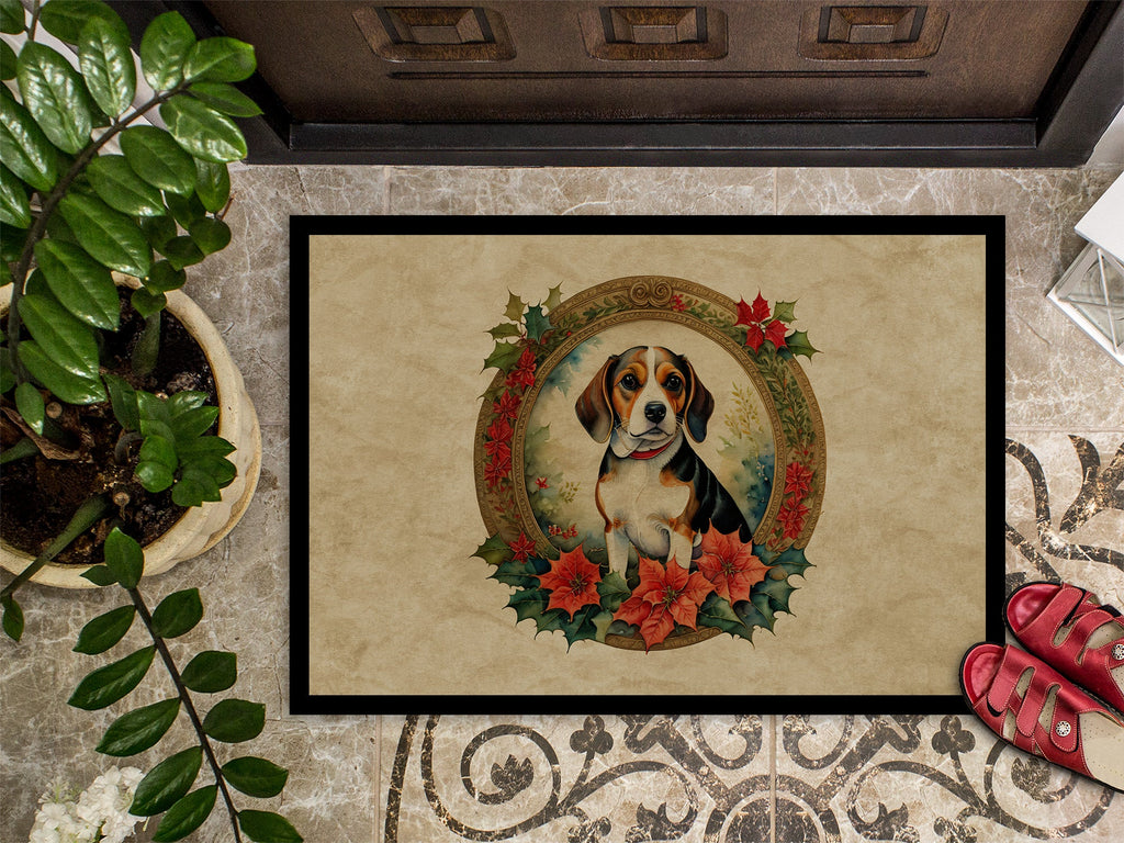Beagle Christmas Flowers Doormat Indoor Outdoor 18H X 27W Front Door Mat Rugs for Entryway, Non Slip Washable