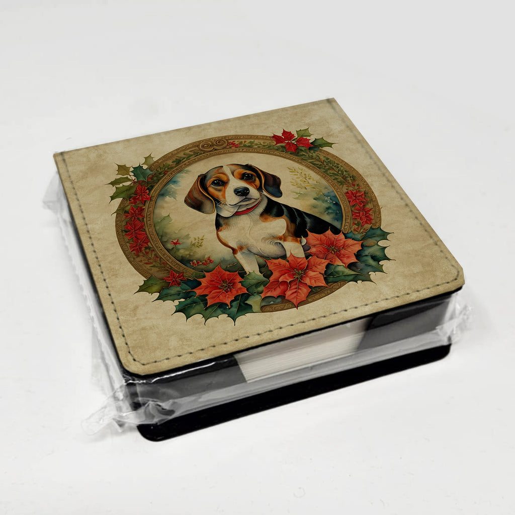 Beagle Christmas Flowers PU Leather Note Paper Holder with Artist-Designed Cover, Desk Accessory, Office Gift