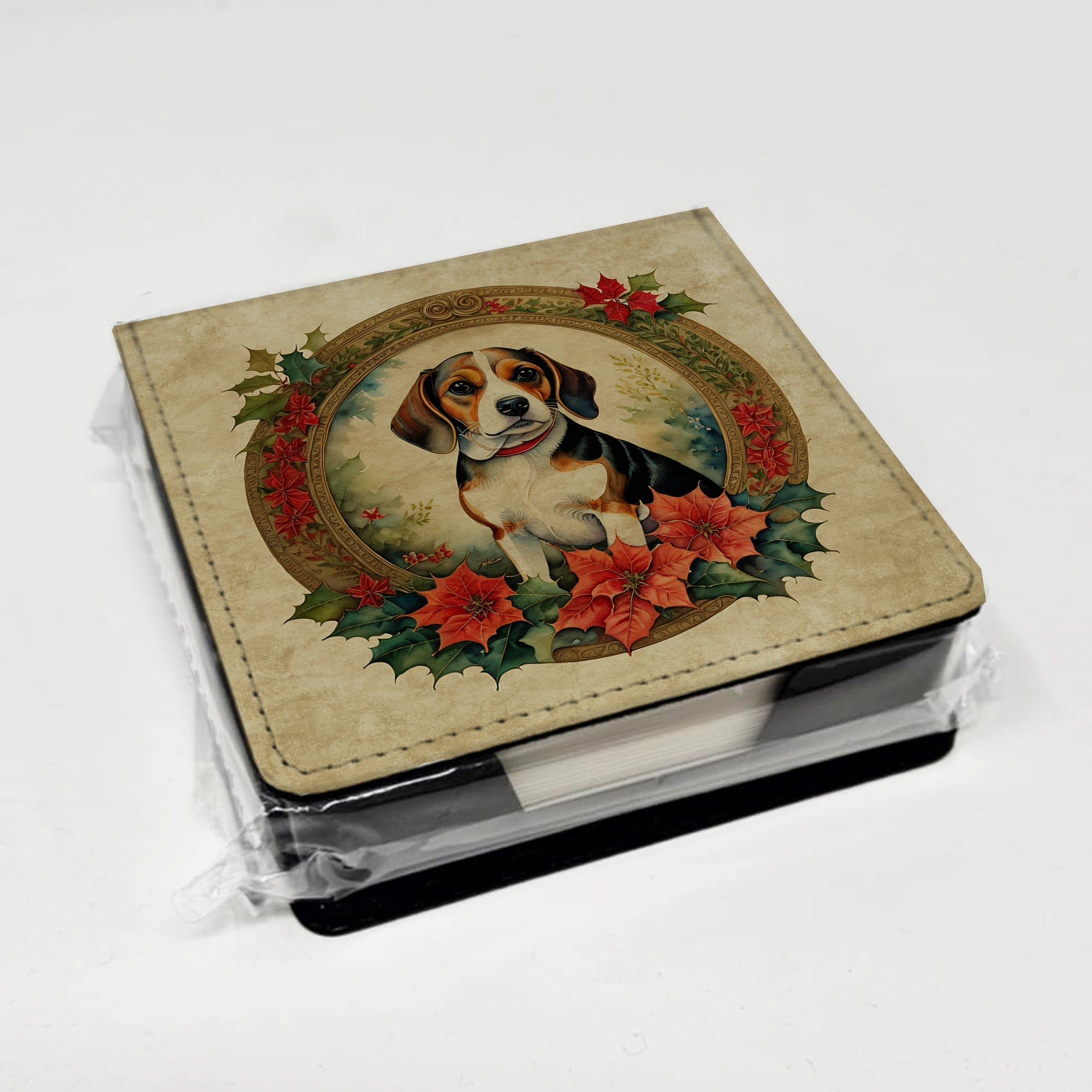 Beagle Christmas Flowers PU Leather Note Paper Holder with Artist-Designed Cover, Desk Accessory, Office Gift