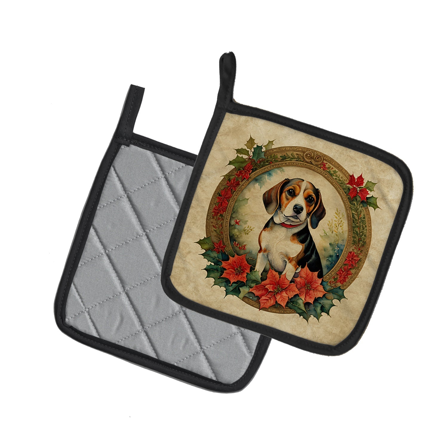 Beagle Christmas Flowers Pot Holder Set of 2 Heat Resistant Quilted Hot Pads 7.5 x 7.5 Inch, Insulated Kitchen Trivets for Cooking & Baking