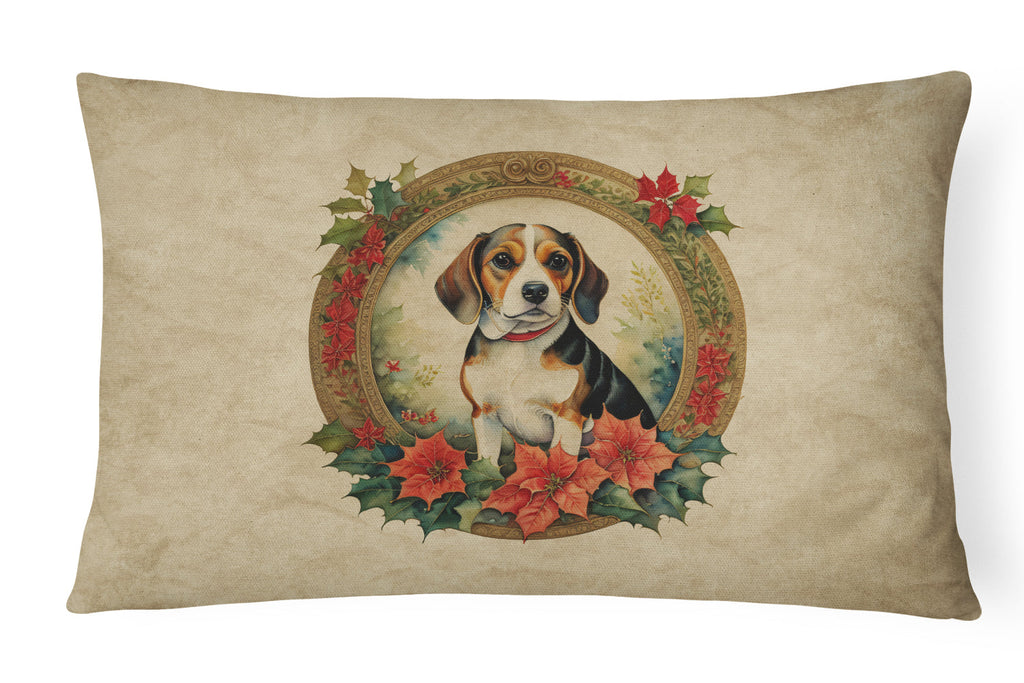 Beagle Christmas Flowers Decorative Throw Pillow 12x16 Indoor Outdoor Accent Cushion, Fabric Cover with Insert for Sofa, Bed, Porch & Living Room