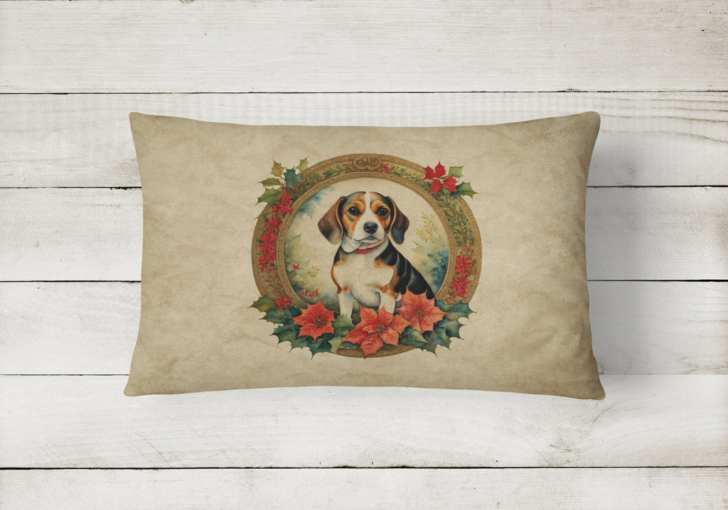 Beagle Christmas Flowers Decorative Throw Pillow 12x16 Indoor Outdoor Accent Cushion, Fabric Cover with Insert for Sofa, Bed, Porch & Living Room