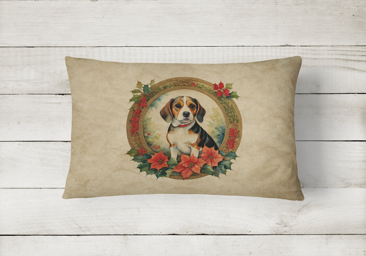 Beagle Christmas Flowers Decorative Throw Pillow 12x16 Indoor Outdoor Accent Cushion, Fabric Cover with Insert for Sofa, Bed, Porch & Living Room