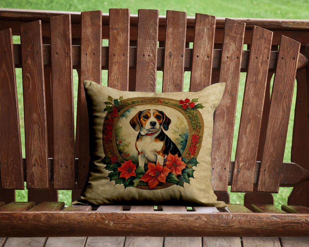 Beagle Christmas Flowers Decorative Throw Pillow 14x14 Indoor Outdoor Accent Cushion, Fabric Cover with Insert for Sofa, Bed, Porch & Living Room
