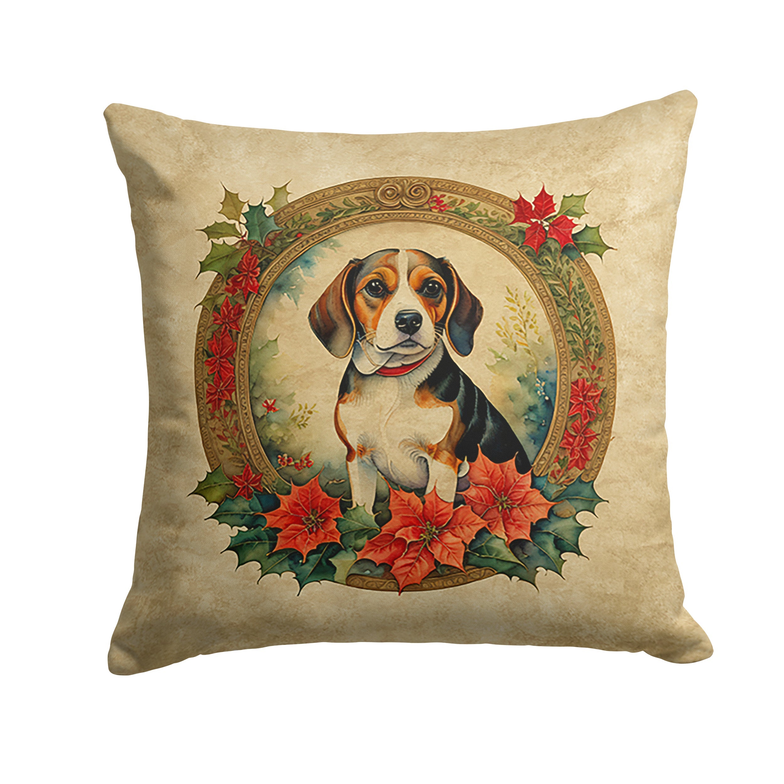 Beagle Christmas Flowers Decorative Throw Pillow 18x18 Indoor Outdoor Accent Cushion, Fabric Cover with Insert for Sofa, Bed, Porch & Living Room