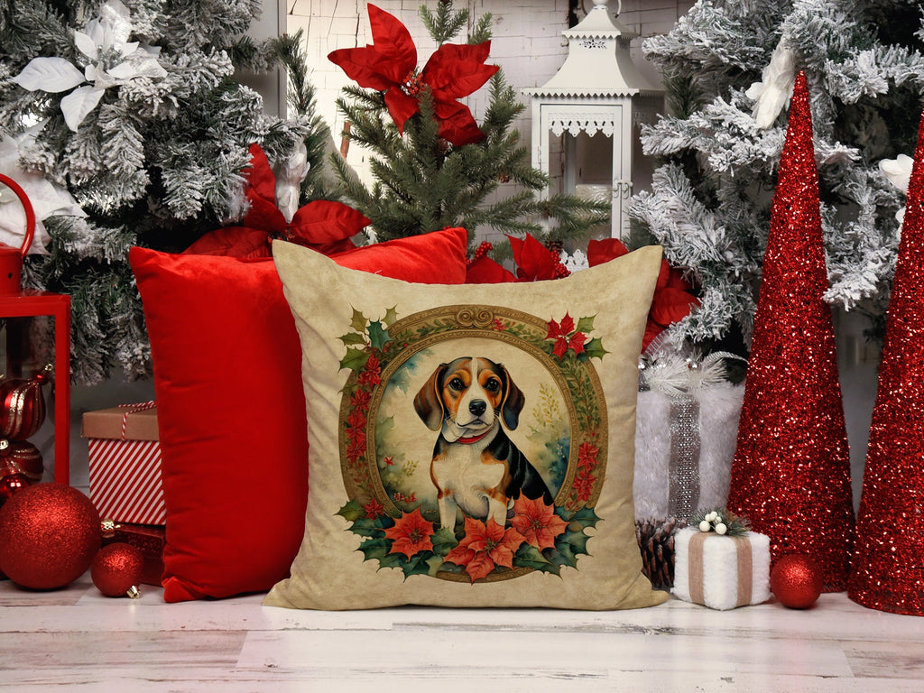 Beagle Christmas Flowers Decorative Throw Pillow 18x18 Indoor Outdoor Accent Cushion, Fabric Cover with Insert for Sofa, Bed, Porch & Living Room