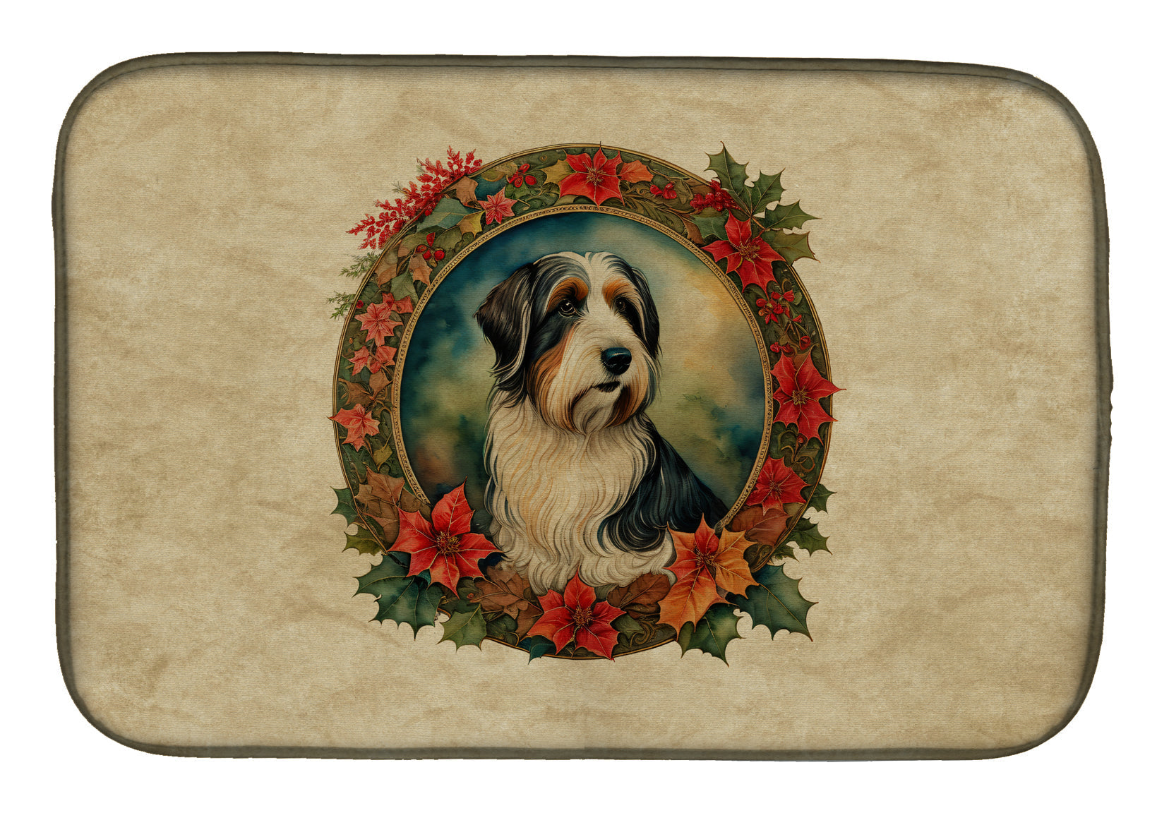 Bearded Collie Christmas Flowers Dish Drying Mat Absorbent Dish Drying Mat Pad for Kitchen Counter Dish Drainer Mat for Countertop, 14 x 21", Multicolor