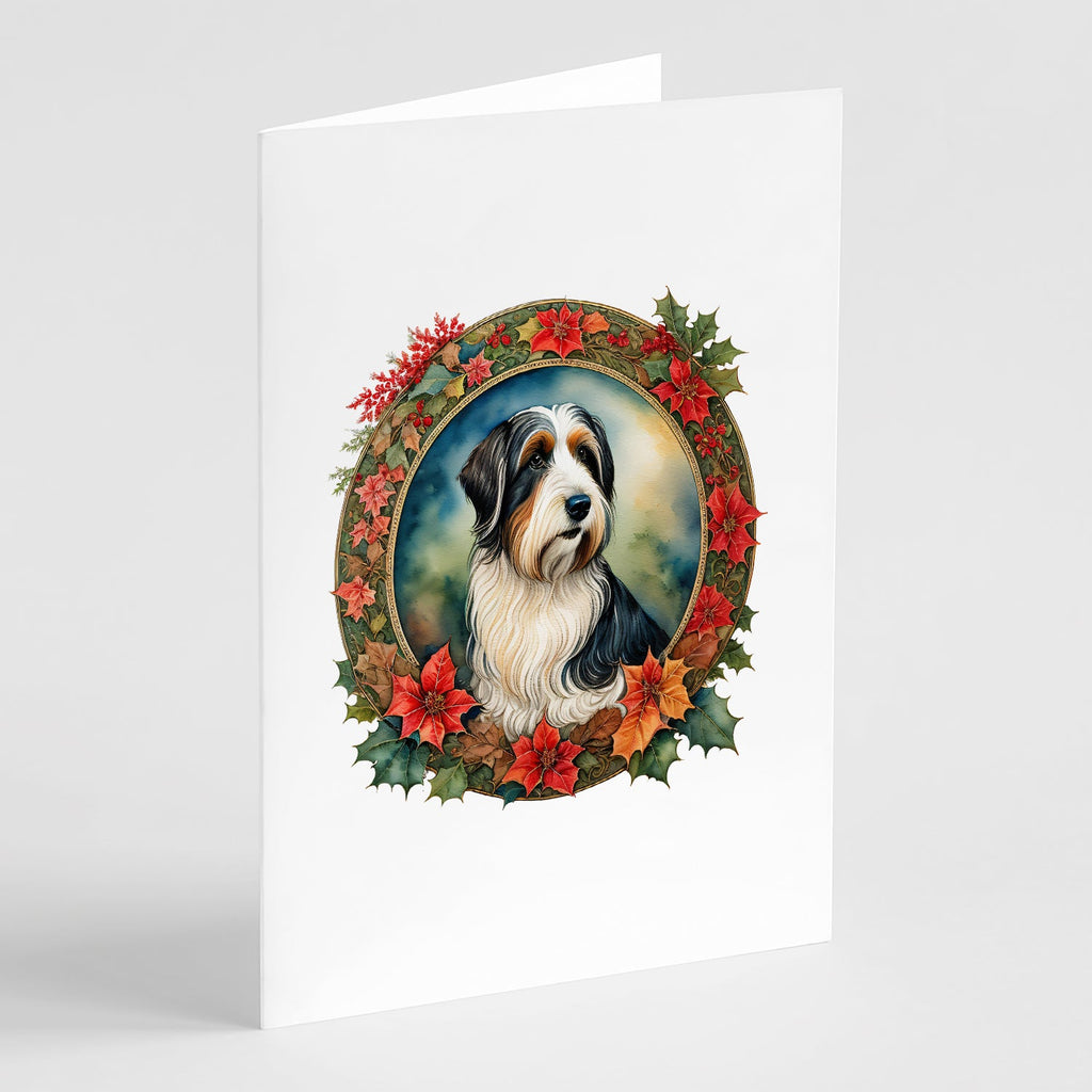 Bearded Collie Christmas Flowers Greeting Cards Pack of 8 Blank Cards with Envelopes Whimsical A7 Size 5x7