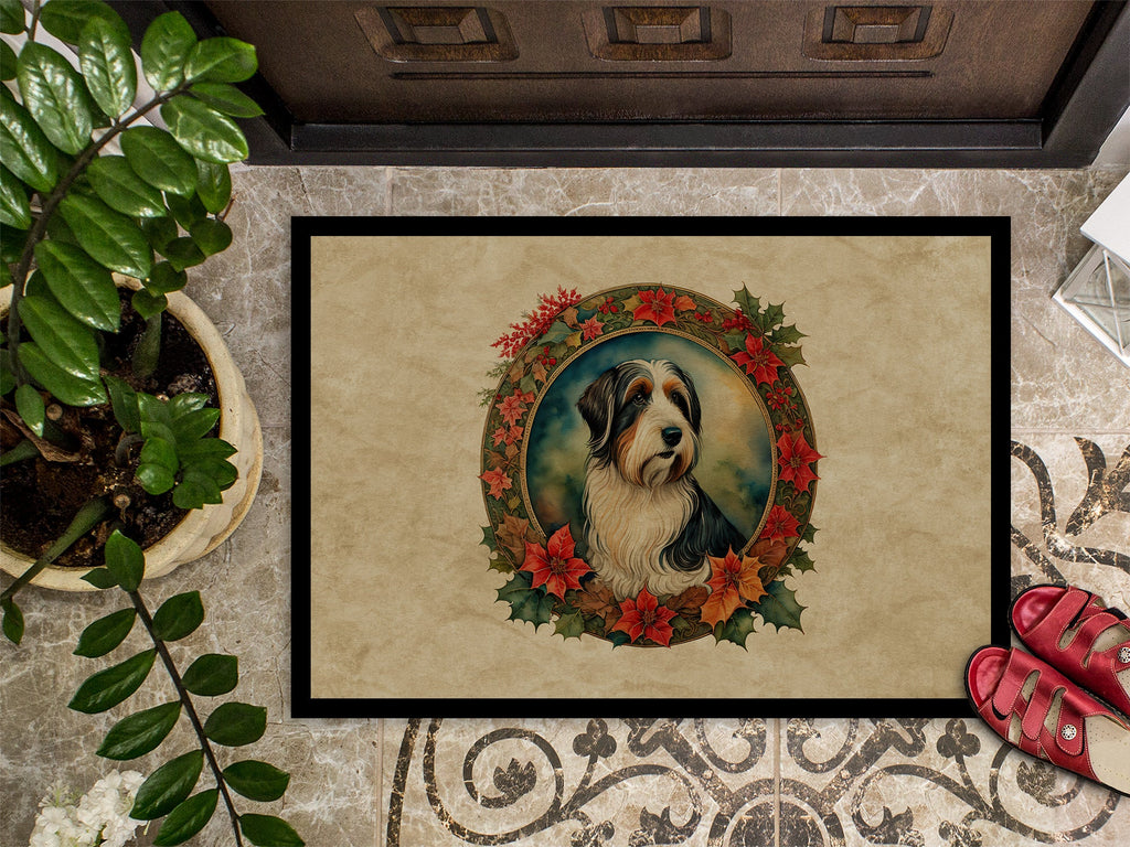 Bearded Collie Christmas Flowers Doormat Indoor Outdoor 18H X 27W Front Door Mat Rugs for Entryway, Non Slip Washable