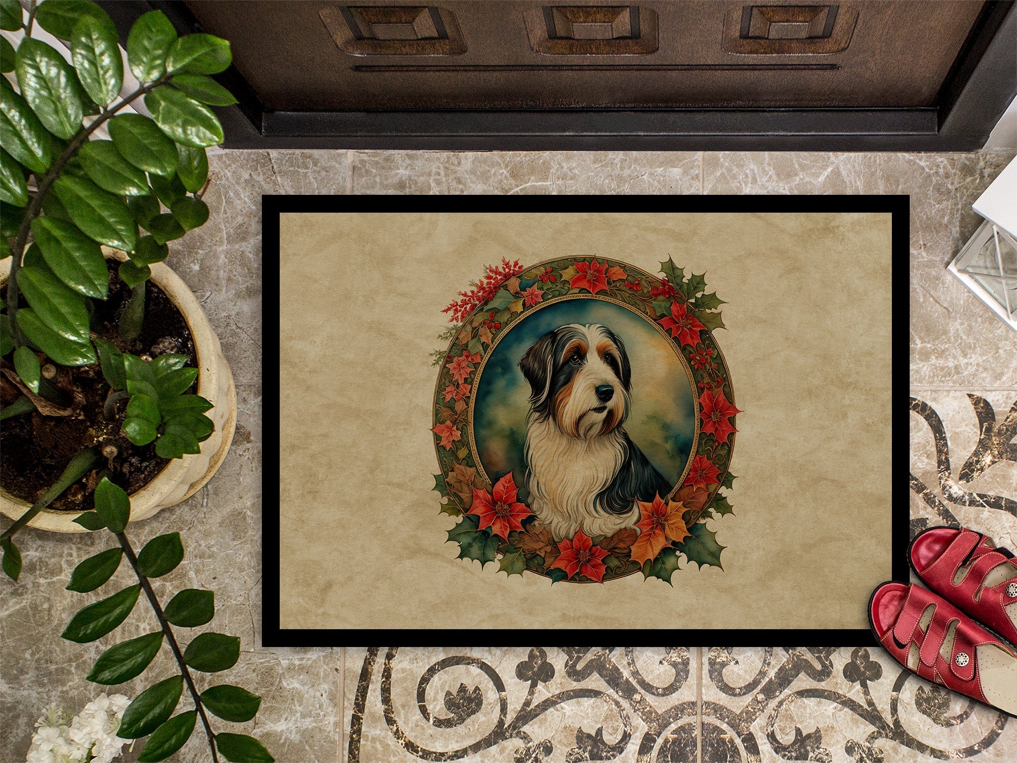 Bearded Collie Christmas Flowers Doormat Indoor Outdoor 18H X 27W Front Door Mat Rugs for Entryway, Non Slip Washable