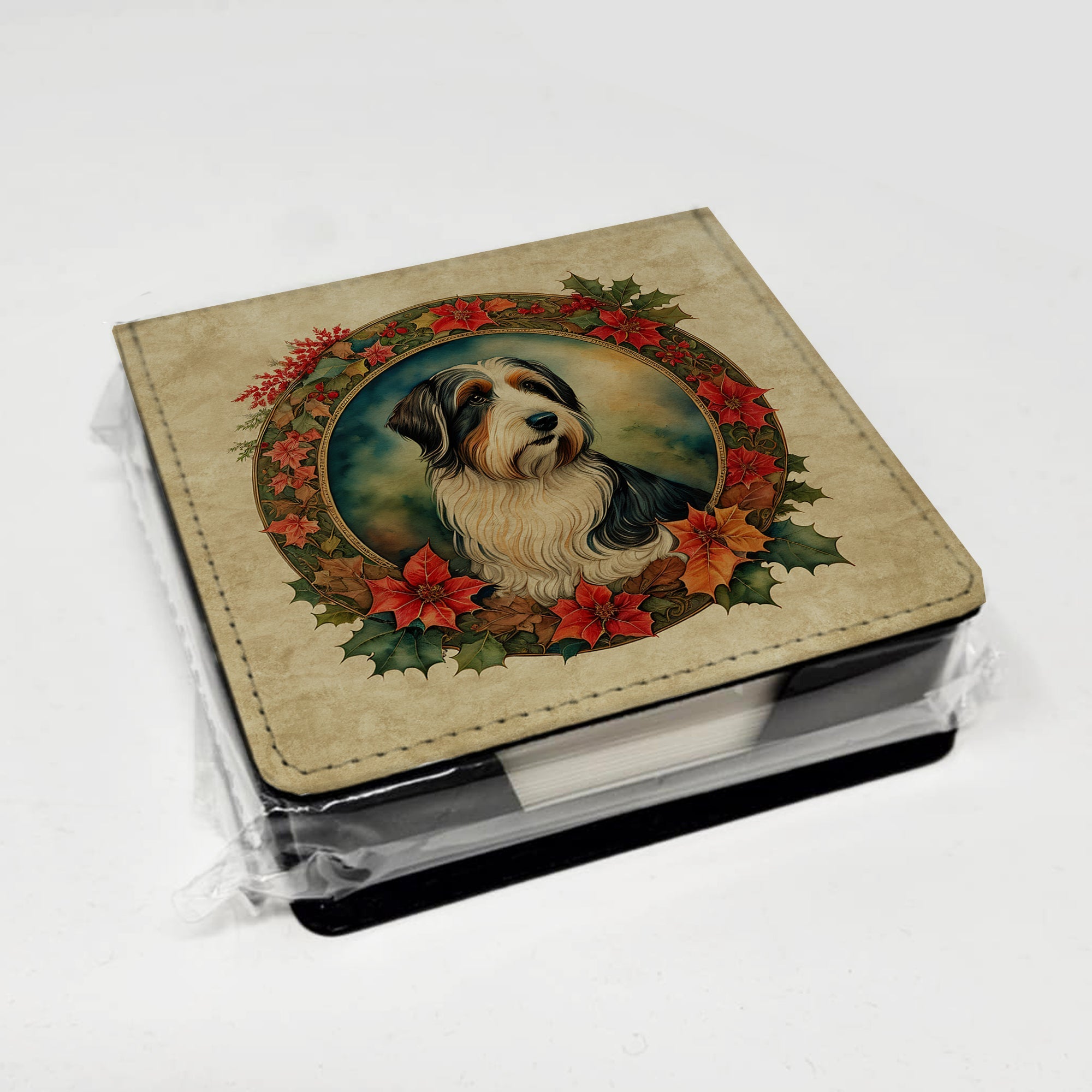 Bearded Collie Christmas Flowers PU Leather Note Paper Holder with Artist-Designed Cover, Desk Accessory, Office Gift