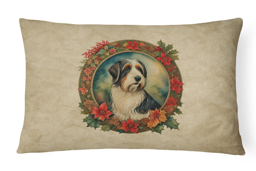 Bearded Collie Christmas Flowers Decorative Throw Pillow 12x16 Indoor Outdoor Accent Cushion, Fabric Cover with Insert for Sofa, Bed, Porch & Living Room