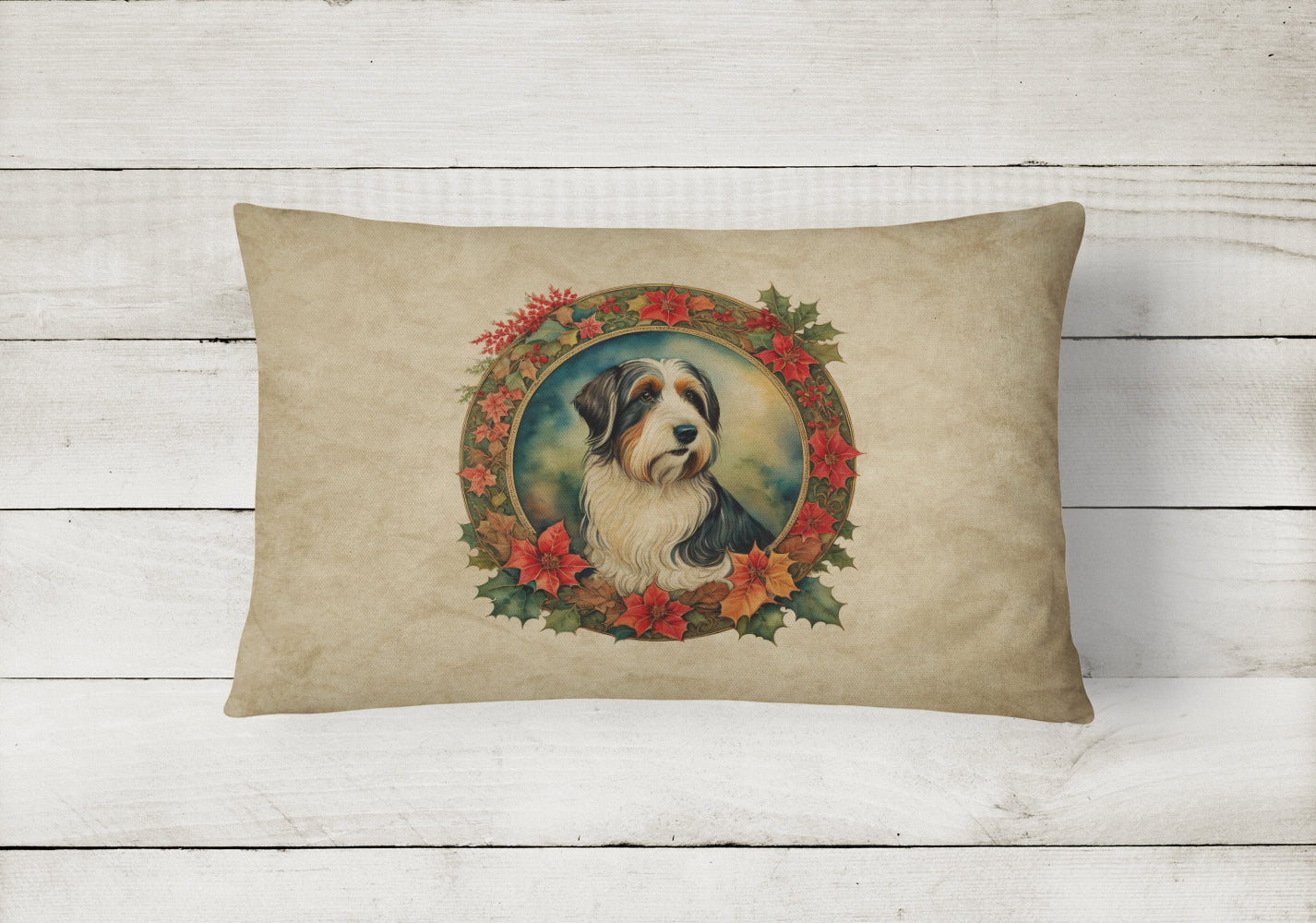 Bearded Collie Christmas Flowers Decorative Throw Pillow 12x16 Indoor Outdoor Accent Cushion, Fabric Cover with Insert for Sofa, Bed, Porch & Living Room