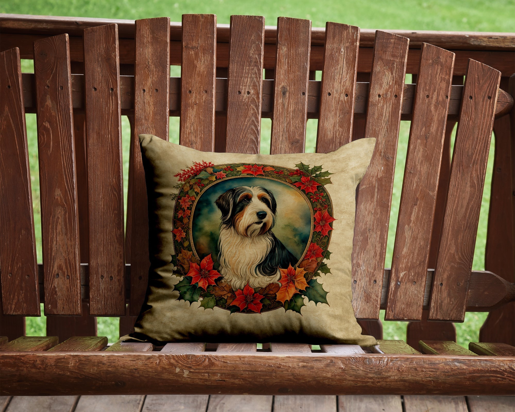 Bearded Collie Christmas Flowers Decorative Throw Pillow 14x14 Indoor Outdoor Accent Cushion, Fabric Cover with Insert for Sofa, Bed, Porch & Living Room