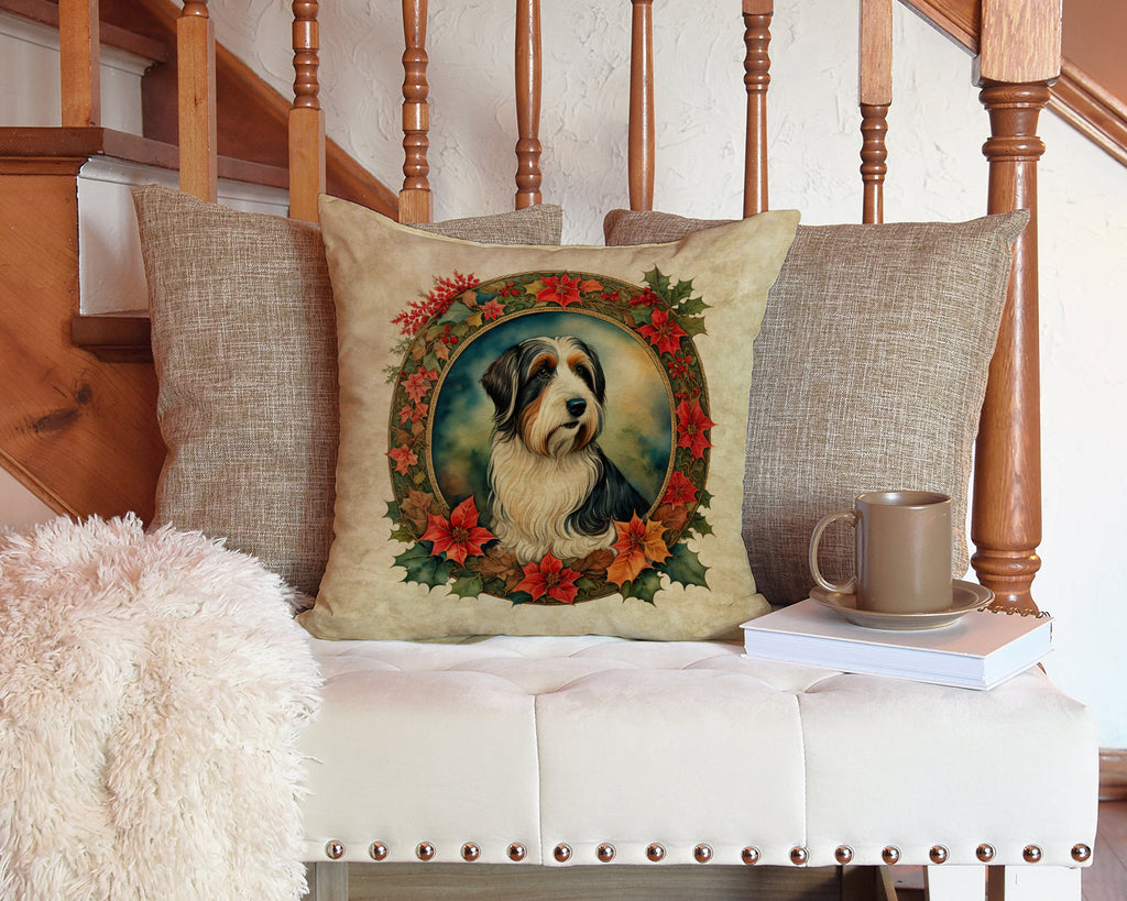 Bearded Collie Christmas Flowers Decorative Throw Pillow 14x14 Indoor Outdoor Accent Cushion, Fabric Cover with Insert for Sofa, Bed, Porch & Living Room
