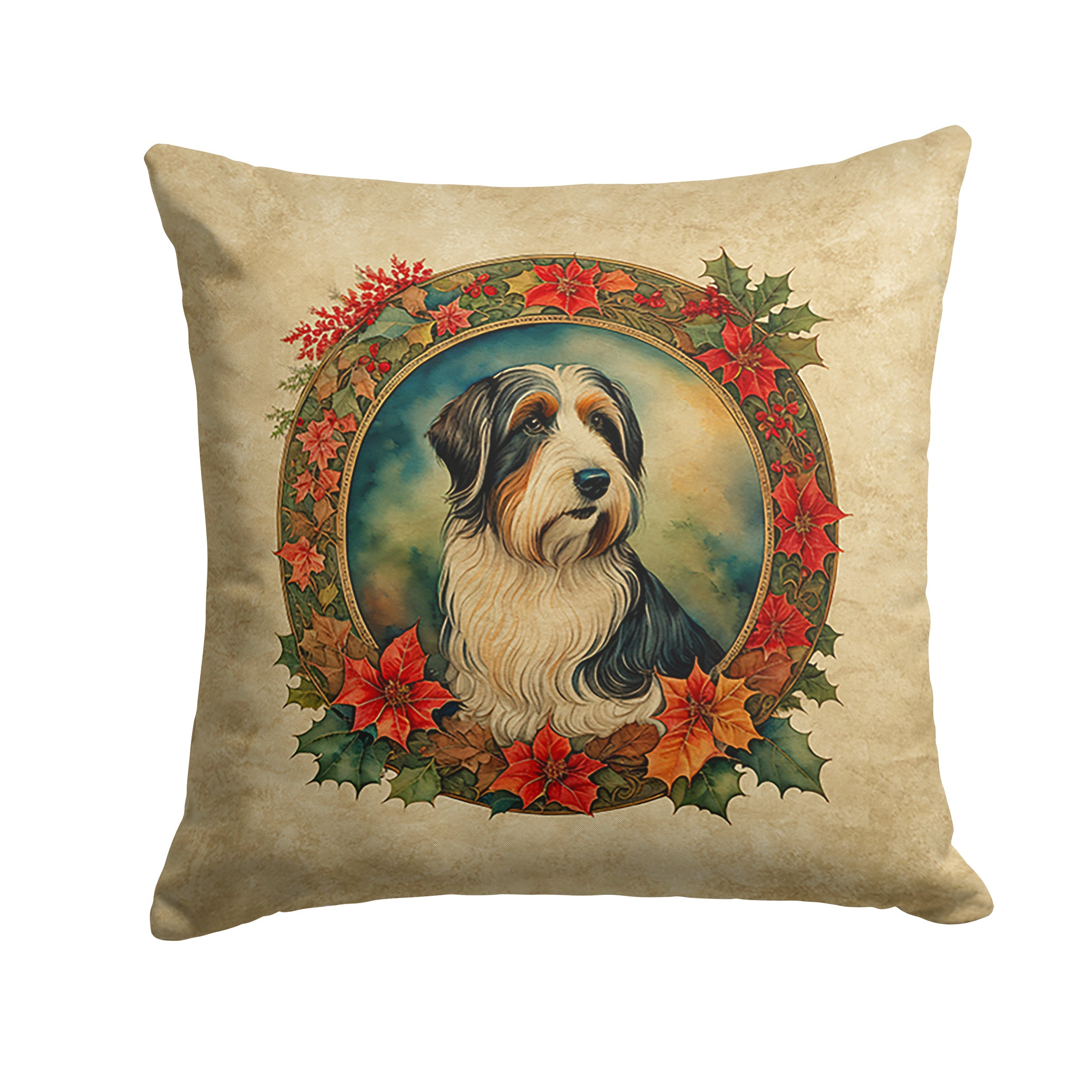 Bearded Collie Christmas Flowers Decorative Throw Pillow 18x18 Indoor Outdoor Accent Cushion, Fabric Cover with Insert for Sofa, Bed, Porch & Living Room