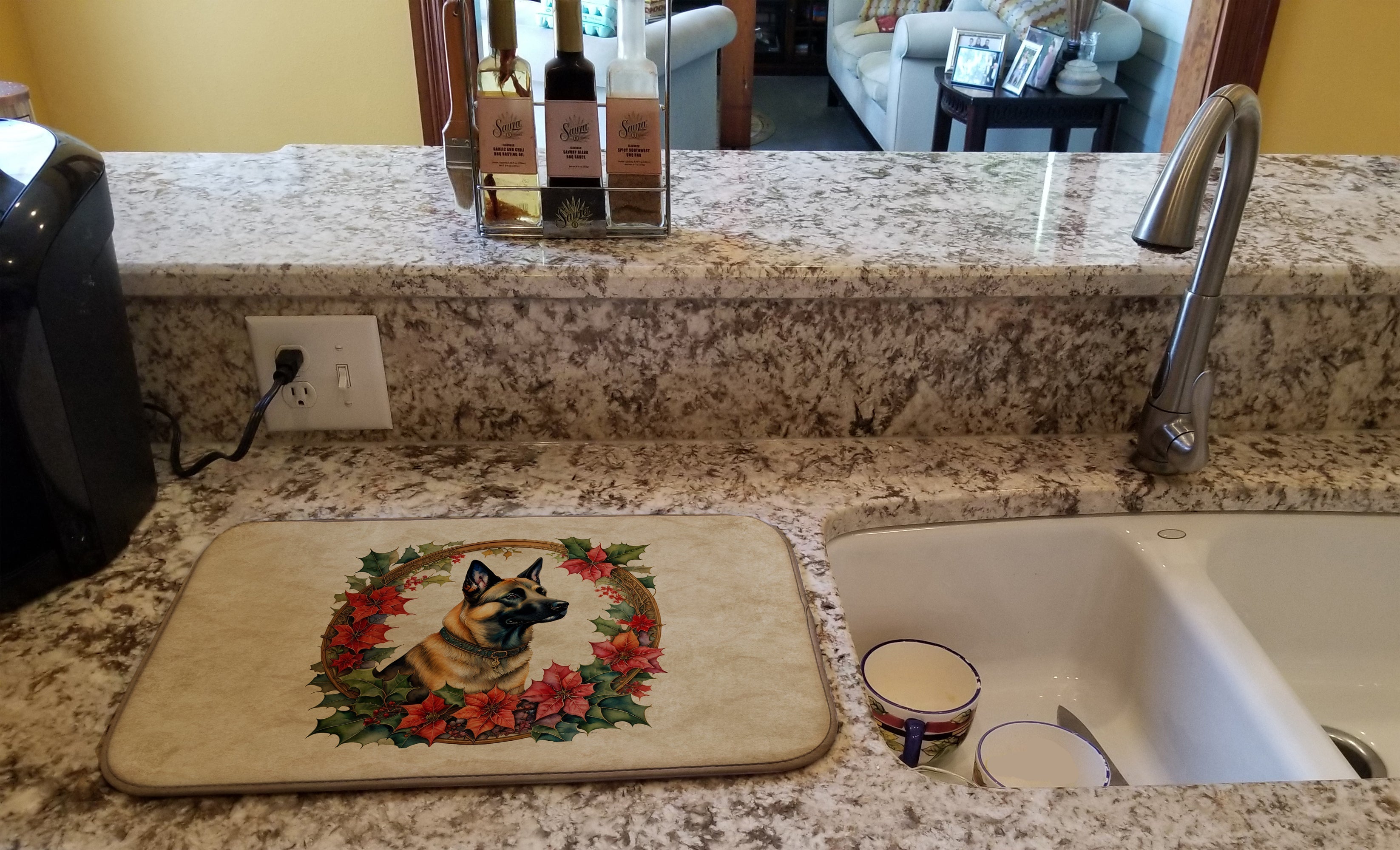 Belgian Malinois Christmas Flowers Dish Drying Mat Absorbent Dish Drying Mat Pad for Kitchen Counter Dish Drainer Mat for Countertop, 14 x 21", Multicolor