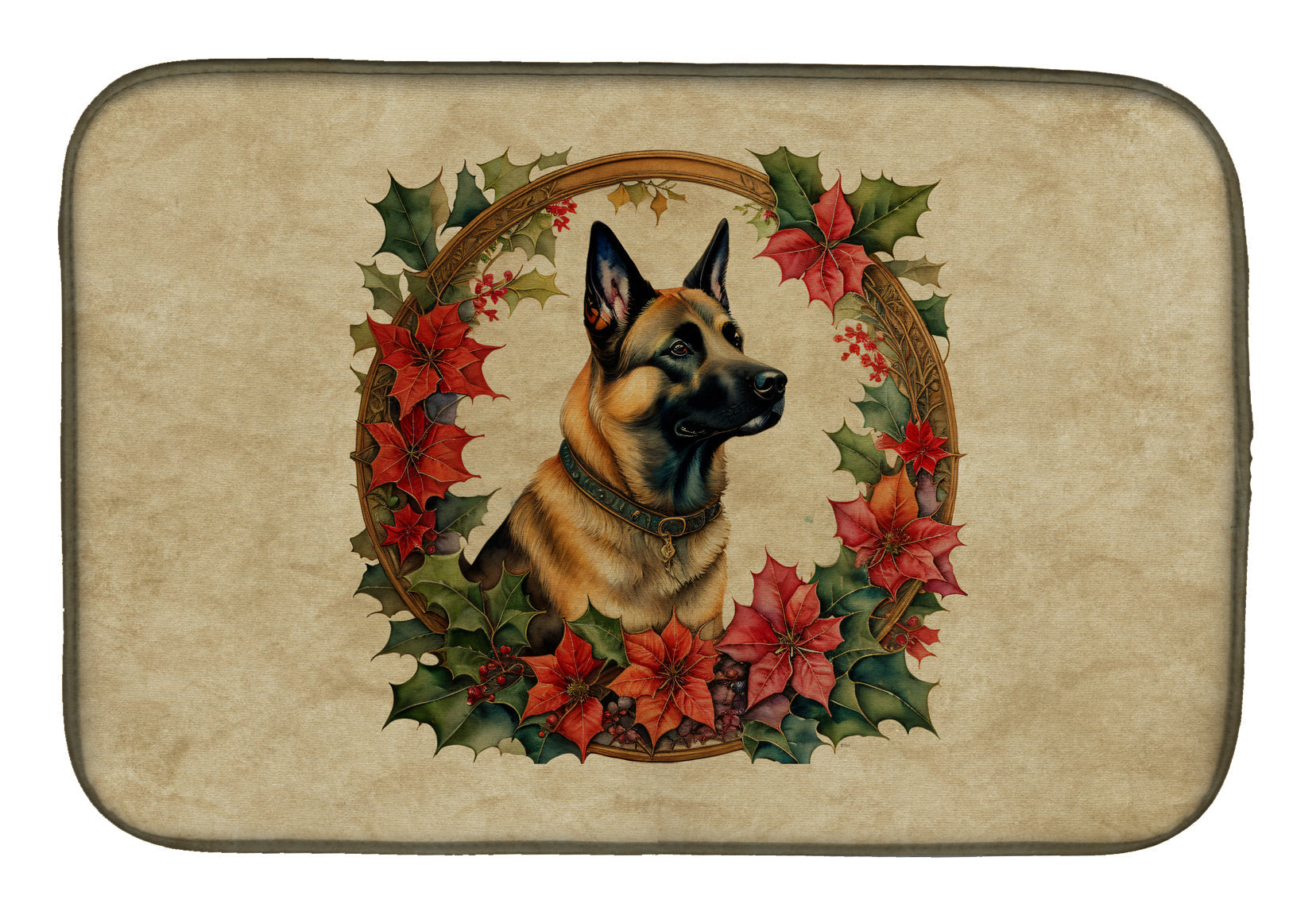 Belgian Malinois Christmas Flowers Dish Drying Mat Absorbent Dish Drying Mat Pad for Kitchen Counter Dish Drainer Mat for Countertop, 14 x 21", Multicolor