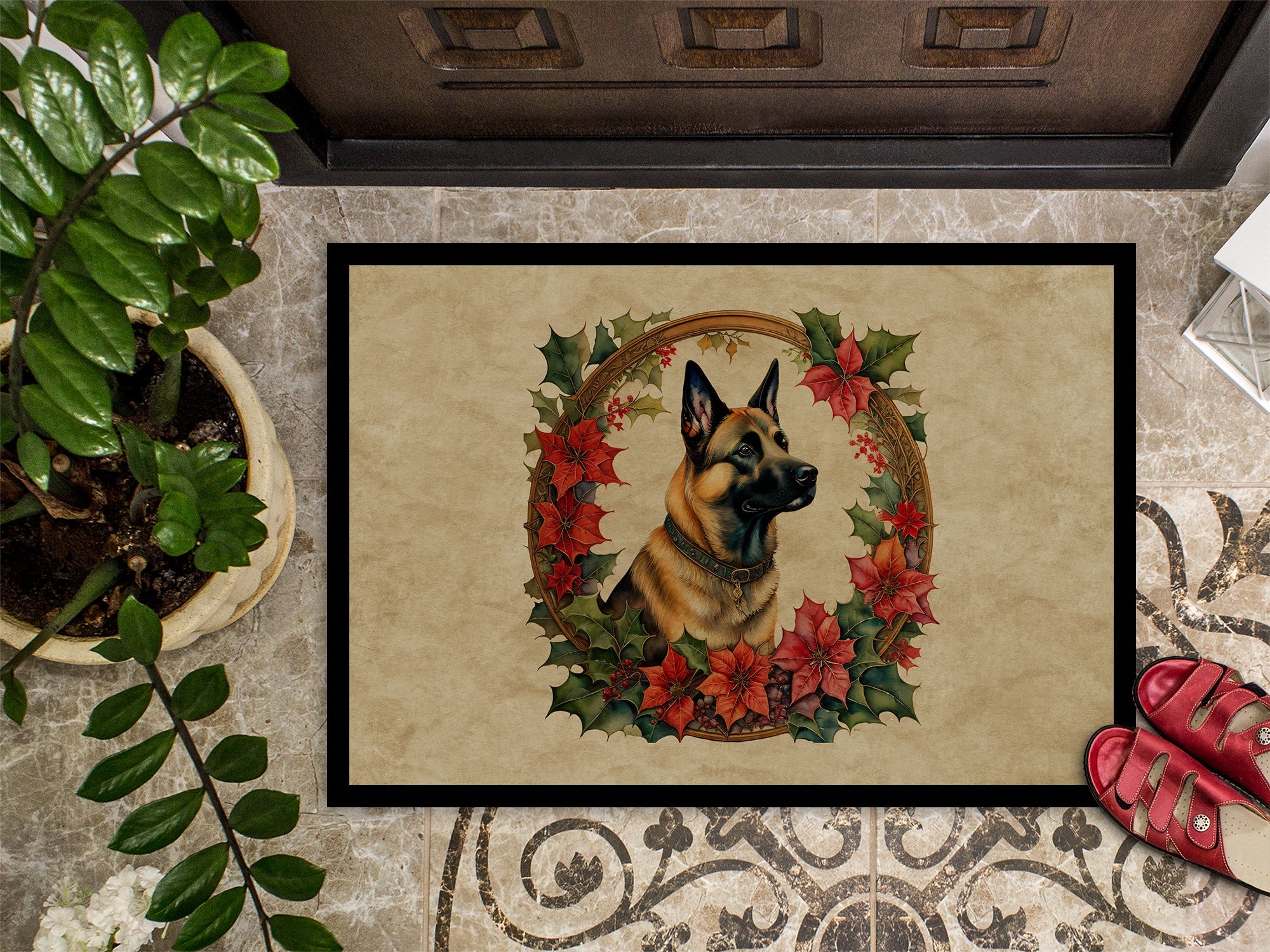 Belgian Malinois Christmas Flowers Doormat Indoor Outdoor 24H X 36W Front Door Mat Rugs for Entryway, Non Slip Washable Low Pile,
