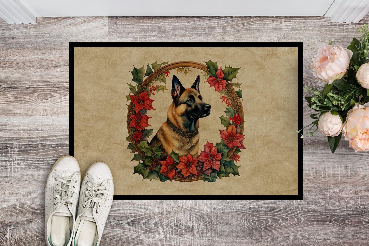 Belgian Malinois Christmas Flowers Doormat Indoor Outdoor 18H X 27W Front Door Mat Rugs for Entryway, Non Slip Washable